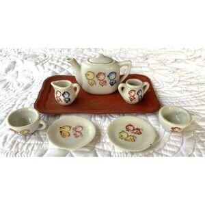 VNTG 9 Piece Children’s Tea Set-1950s-W/Metal Tray-Duck-Made Japan-Hand Painted